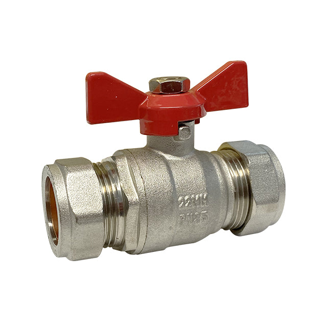 Brass Ball Valve - Compression Ends - Red Butterfly Handle - WRAS Approved