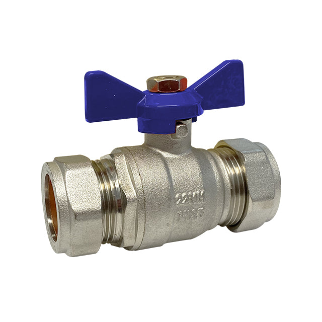 Brass Ball Valve - Compression Ends - Blue Butterfly Handle - WRAS Approved