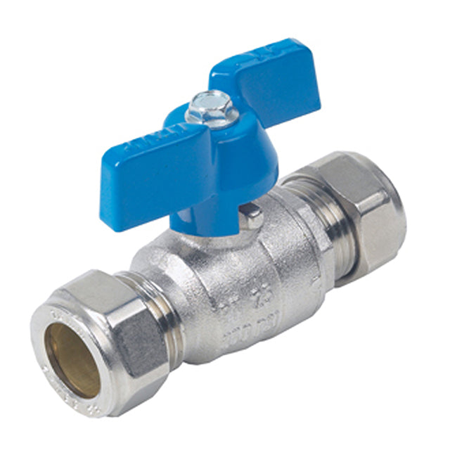 Brass Ball Valve - Compression Ends - Blue Butterfly Handle